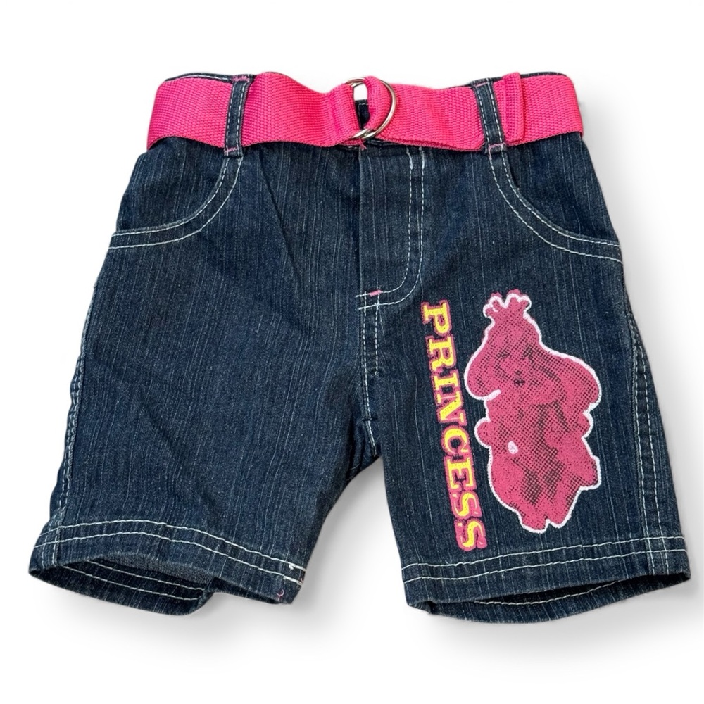 Vintage Y2k Princess Graphic Jean Shorts + Belt 18M baby toddler girl